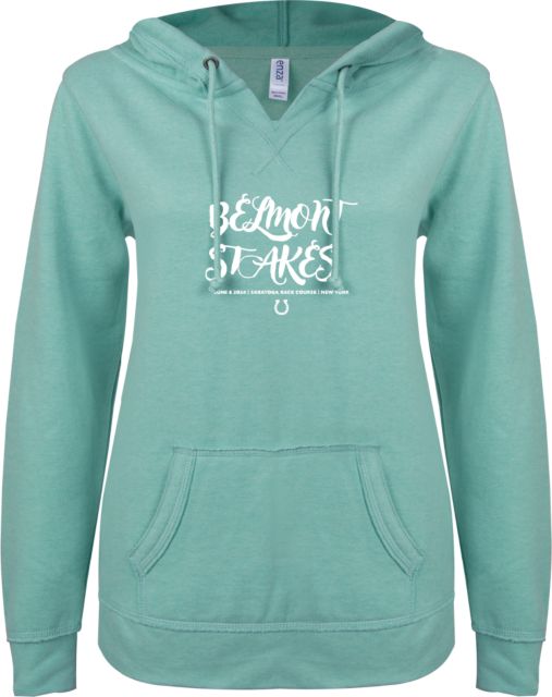 2024 Belmont Stakes ENZA Womens Seaglass V Notch Raw Edge Fleece Hoodie
