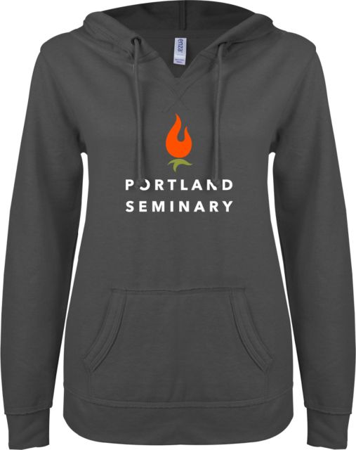 George Fox ENZA Ladies Dark V Notch Raw Edge Fleece Hoodie Portland Seminary Stacked - ONLINE ONLY