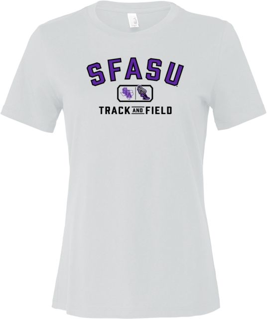 Stephen F Austin Bella + Canvas Womens Relaxed Cotton T Shirt SFASU Track and Field Lock Up - ONLINE ONLY