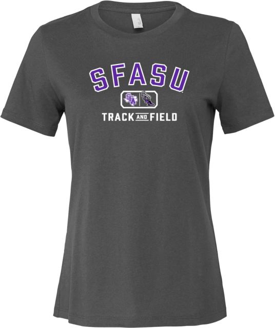 Stephen F Austin Bella + Canvas Womens Asphalt Relaxed Cotton T Shirt SFASU Track and Field Lock Up - ONLINE ONLY