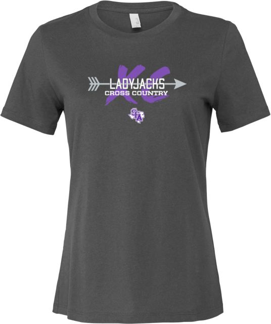 Stephen F Austin Bella + Canvas Womens Asphalt Relaxed Cotton T Shirt SFA Ladyjacks Cross Country Script - ONLINE ONLY