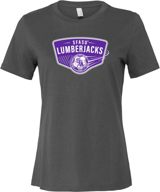 Stephen F Austin Bella + Canvas Womens Asphalt Relaxed Cotton T Shirt SFA Lumberjacks Soccer Shield - ONLINE ONLY