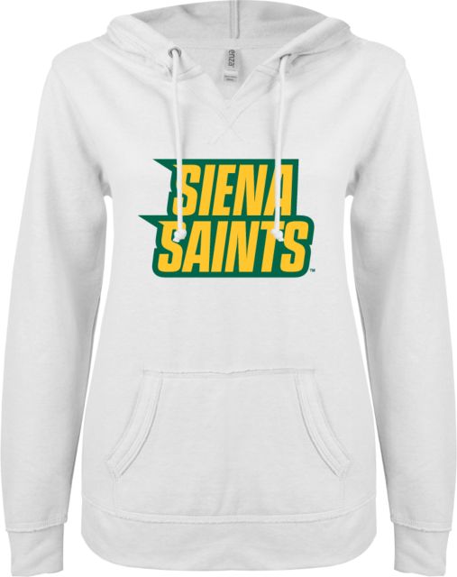 Siena ENZA Womens V Notch Raw Edge Fleece Hoodie Siena Saints Wordmark Stacked - ONLINE ONLY