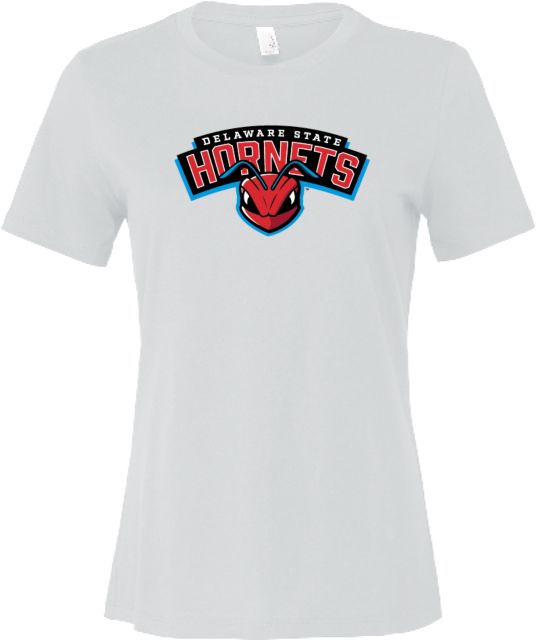 Delaware State Bella + Canvas Womens Relaxed Cotton T Shirt Delaware State Hornet Head Wordmark - ONLINE ONLY