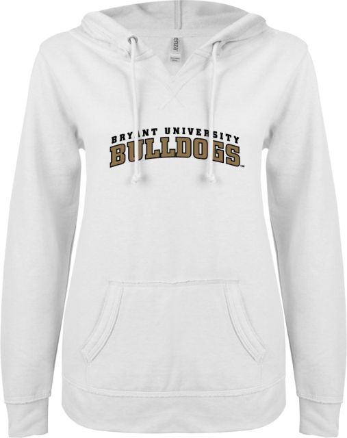 Bryant ENZA Womens V Notch Raw Edge Fleece Hoodie Arched Bryant University Bulldogs - ONLINE ONLY
