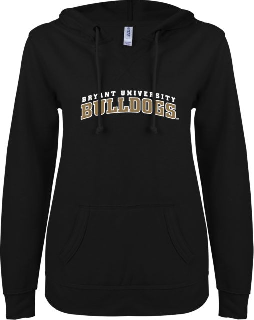 Bryant ENZA Womens V Notch Raw Edge Fleece Hoodie Arched Bryant University Bulldogs - ONLINE ONLY