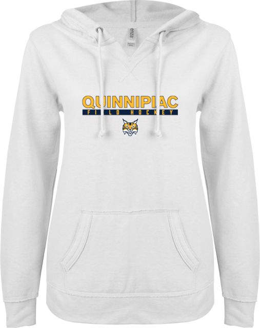 Quinnipiac ENZA Ladies V Notch Raw Edge Fleece Hoodie Field Hockey in Bar - ONLINE ONLY