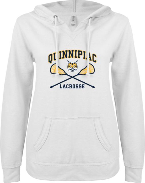 Quinnipiac ENZA Ladies V Notch Raw Edge Fleece Hoodie Lacrosse Crossed Sticks - ONLINE ONLY