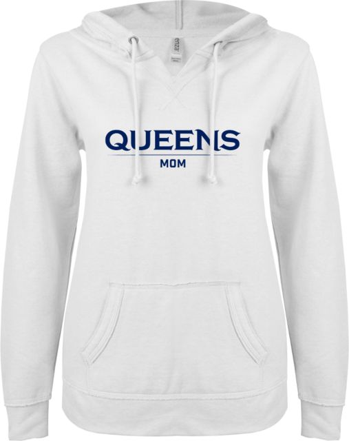 Queens U of Charlotte ENZA Womens V Notch Raw Edge Fleece Hoodie Queens - Mom - ONLINE ONLY
