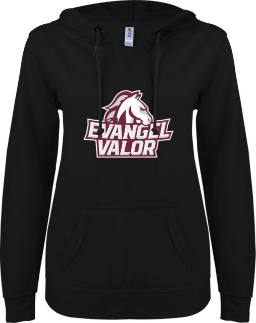 Evangel ENZA Womens V Notch Raw Edge Fleece Hoodie Evangel Valor Horse Lockup - ONLINE ONLY