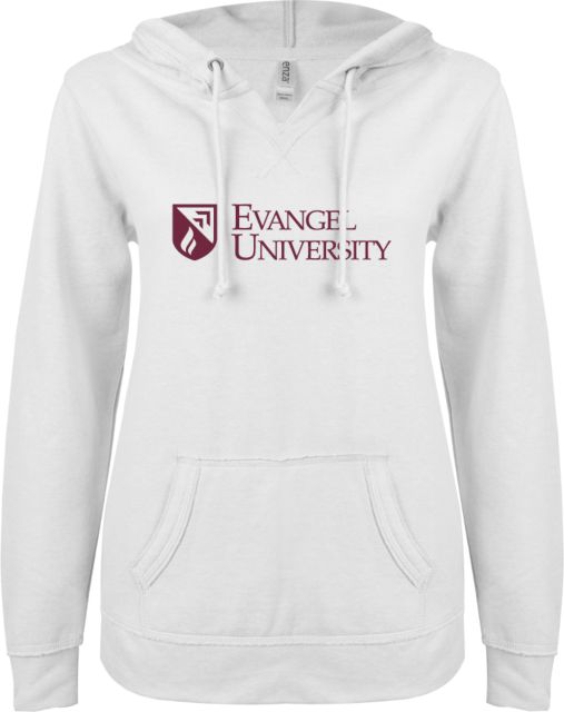 Evangel ENZA Womens V Notch Raw Edge Fleece Hoodie Evangel University with Shield - ONLINE ONLY