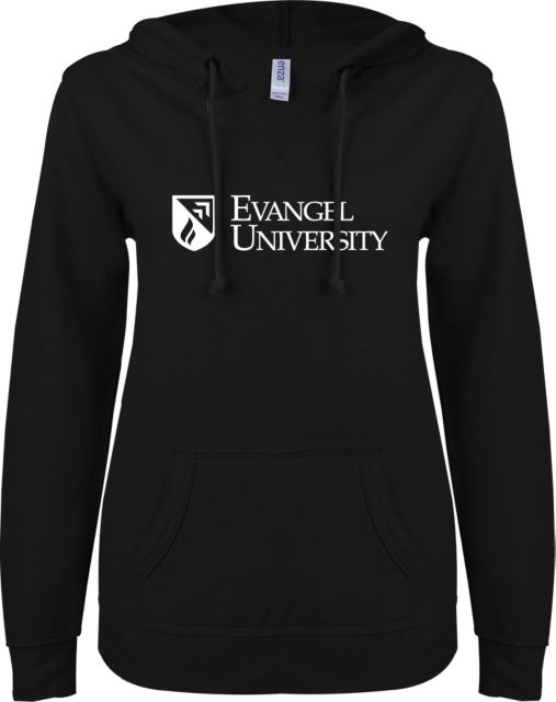 Evangel ENZA Womens V Notch Raw Edge Fleece Hoodie Evangel University with Shield - ONLINE ONLY