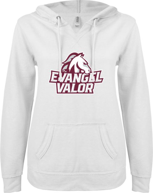 Evangel ENZA Womens V Notch Raw Edge Fleece Hoodie Evangel Valor Horse Lockup - ONLINE ONLY