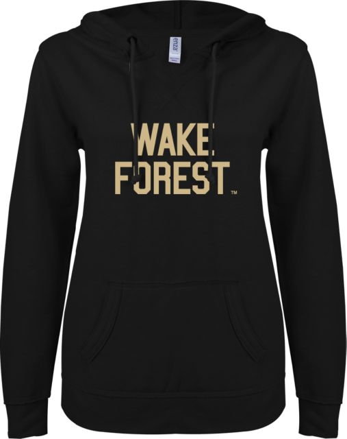 Wake Forest ENZA Ladies V Notch Raw Edge Fleece Hoodie Wake Forest Stacked - ONLINE ONLY