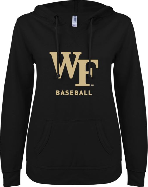 Wake Forest ENZA Ladies V Notch Raw Edge Fleece Hoodie Baseball - ONLINE ONLY