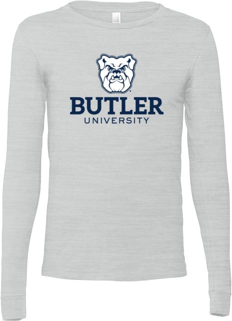 Butler Bella + Canvas Ash Jersey Cotton Long Sleeve T Shirt Butler University with Bulldog Head Stacked - ONLINE ONLY