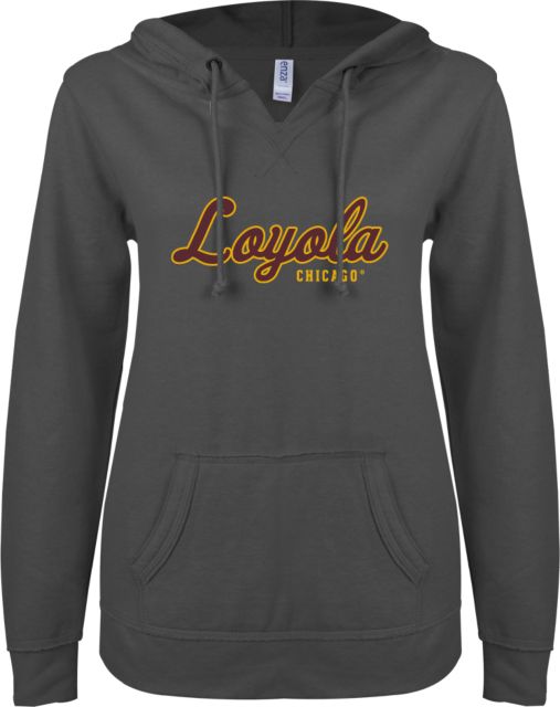 Loyola Chicago ENZA Ladies V Notch Raw Edge Fleece Hoodie Script Mark - ONLINE ONLY
