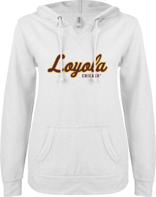 Loyola Chicago ENZA Ladies V Notch Raw Edge Fleece Hoodie Script Mark - ONLINE ONLY
