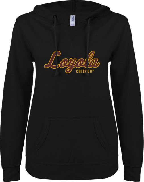 Loyola Chicago ENZA Ladies V Notch Raw Edge Fleece Hoodie Script Mark - ONLINE ONLY