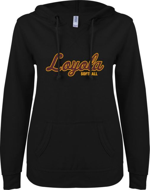 Loyola Chicago ENZA Ladies V Notch Raw Edge Fleece Hoodie Softball - ONLINE ONLY