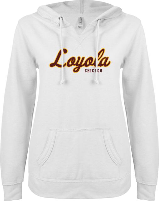 Loyola Chicago ENZA Ladies V Notch Raw Edge Fleece Hoodie Script - ONLINE ONLY