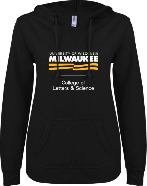 Wisconsin Milwaukee ENZA Womens V Notch Raw Edge Fleece Hoodie UWM College of Letters and Science Condensed Mark - ONLINE ONLY