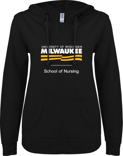 Wisconsin Milwaukee ENZA Womens V Notch Raw Edge Fleece Hoodie UWM School of Nursing Condensed Mark - ONLINE ONLY
