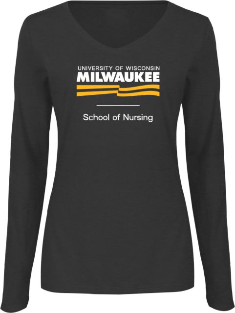 Wisconsin Milwaukee Womens Long Sleeve V Neck Tee UWM School of Nursing  Condensed Mark ONLINE ONLY