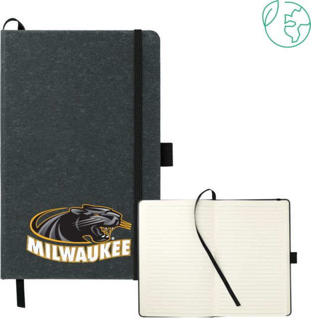 Wisconsin Milwaukee 5.5 x 8.5 FSC Mix Recycled Leather Bound Journal University of Wisconsin Milwaukee Panther Head Primary Mark - ONLINE ONLY