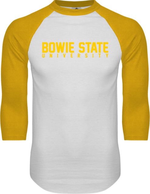 Bowie State White/Gold Raglan Baseball T Shirt Bowie State University Stacked - ONLINE ONLY