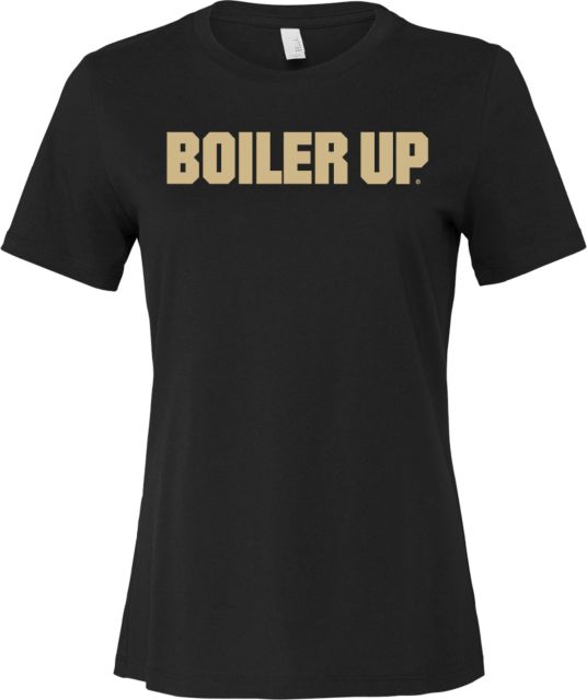 Purdue Bella + Canvas Womens Relaxed Cotton T Shirt Boiler Up Athletic Wordmark