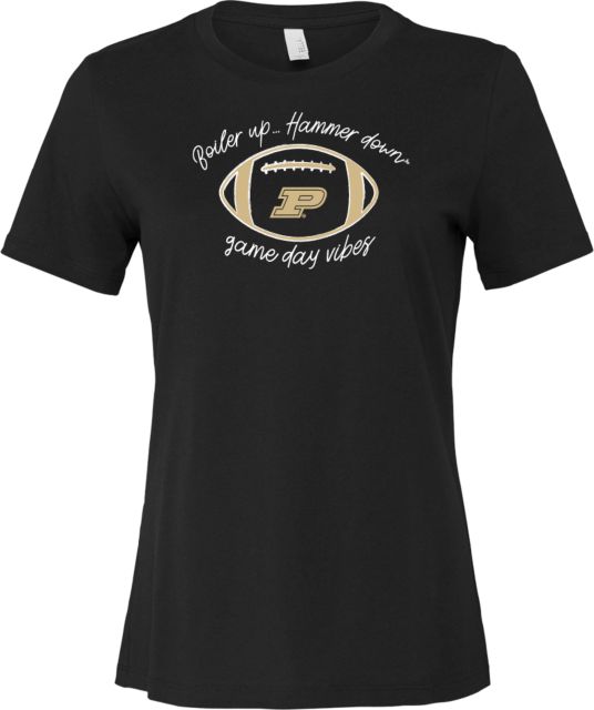 Purdue Bella + Canvas Womens Relaxed Cotton T Shirt Game Day Vibes - Boilerup Hammer Down Script