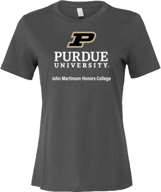 Purdue Bella + Canvas Womens Asphalt Relaxed Cotton T Shirt Purdue - John Martinson Honors College Vertical - ONLINE ONLY