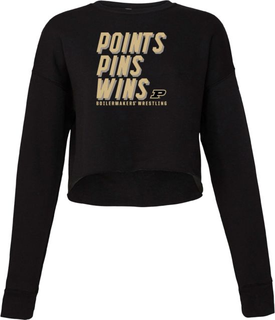Purdue Bella + Canvas Womens Cropped Fleece Crew Point Pins and Wins Purdue Wrestling