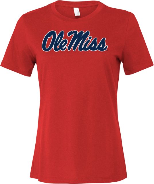 Ole Miss Bella + Canvas Womens Relaxed Cotton T Shirt Ole Miss Script - Official Wordmark - ONLINE ONLY