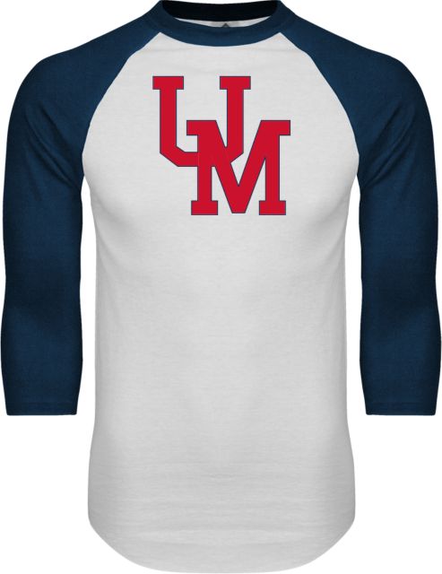 Ole Miss White/Navy Raglan Baseball T Shirt Ole Miss Interlock UM - ONLINE ONLY