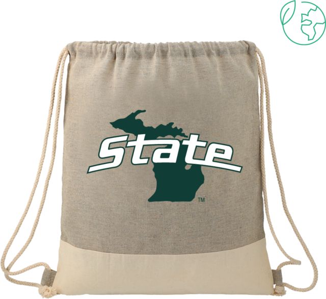 Michigan State Split Recycled Cotton Grey/Natural Drawstring Bag State Word Mark with Michigan - ONLINE ONLY