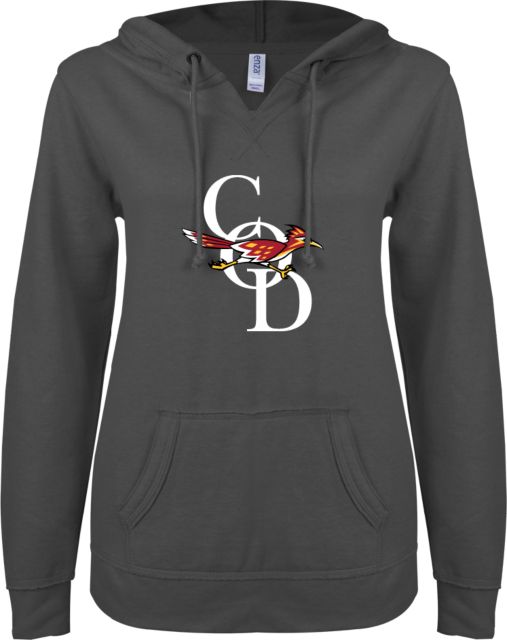 College of the Desert ENZA Womens V Notch Raw Edge Fleece Hoodie COD with Roadrunner - ONLINE ONLY