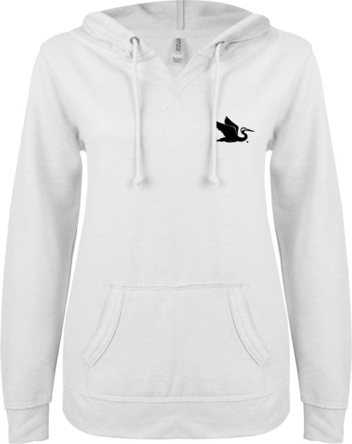 Everglades University ENZA Womens V Notch Raw Edge Fleece Hoodie Everglades University EgretA Mascot Trademark - ONLINE ONLY