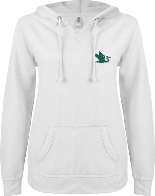 Everglades University ENZA Womens V Notch Raw Edge Fleece Hoodie Everglades University EgretA Mascot Trademark - ONLINE ONLY