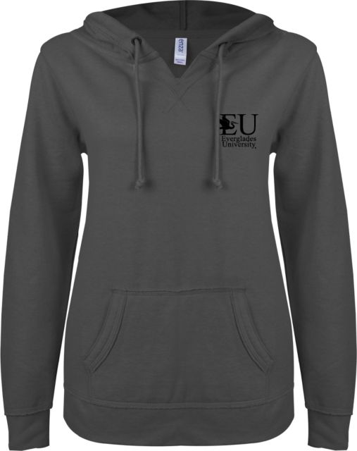 Everglades University ENZA Womens V Notch Raw Edge Fleece Hoodie EU with Egret Everglades UniversityA Vertical Trademark - ONLINE ONLY