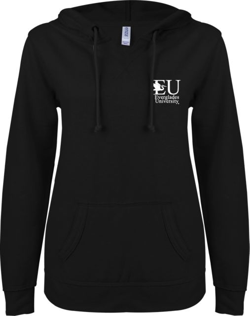 Everglades University ENZA Womens V Notch Raw Edge Fleece Hoodie EU with Egret Everglades UniversityA Vertical Trademark - ONLINE ONLY