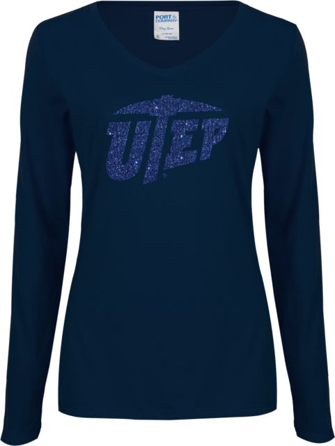 UTEP Ladies Long Sleeve V Neck T-Shirt Primary Mark  Glitter - ONLINE ONLY