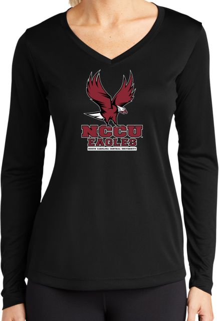North Carolina Central Womens Performance Long Sleeve V Neck Shirt NCCU Full Eagle Athletics Mark - ONLINE ONLY