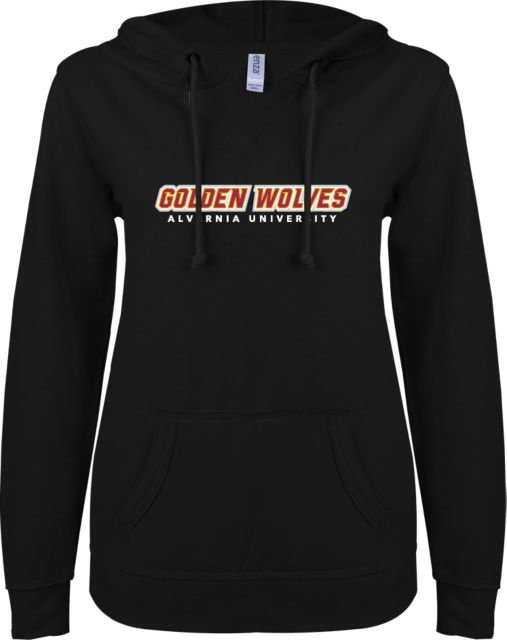 Alvernia ENZA Ladies V Notch Raw Edge Fleece Hoodie Golden Wolves Wordmark - ONLINE ONLY