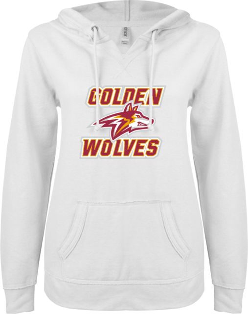 Alvernia ENZA Ladies V Notch Raw Edge Fleece Hoodie Golden Wolves with Wolf Head - ONLINE ONLY