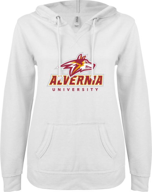 Alvernia ENZA Ladies V Notch Raw Edge Fleece Hoodie Wolf Head Over Alvernia University - ONLINE ONLY