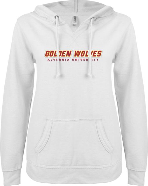 Alvernia ENZA Ladies V Notch Raw Edge Fleece Hoodie Golden Wolves Wordmark - ONLINE ONLY