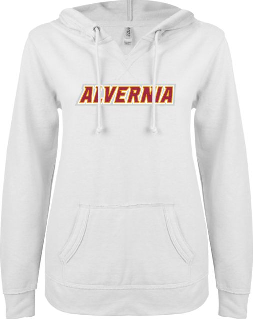 Alvernia ENZA Ladies V Notch Raw Edge Fleece Hoodie Alvernia Wordmark - ONLINE ONLY