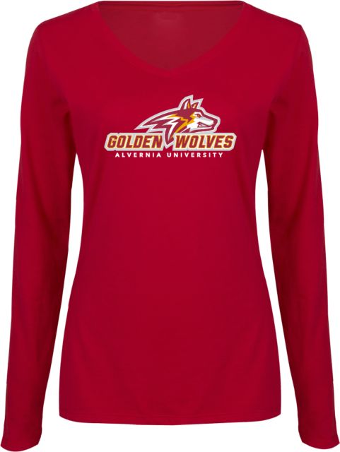Alvernia Womens Long Sleeve V Neck Tee Primary Mark with University - ONLINE ONLY